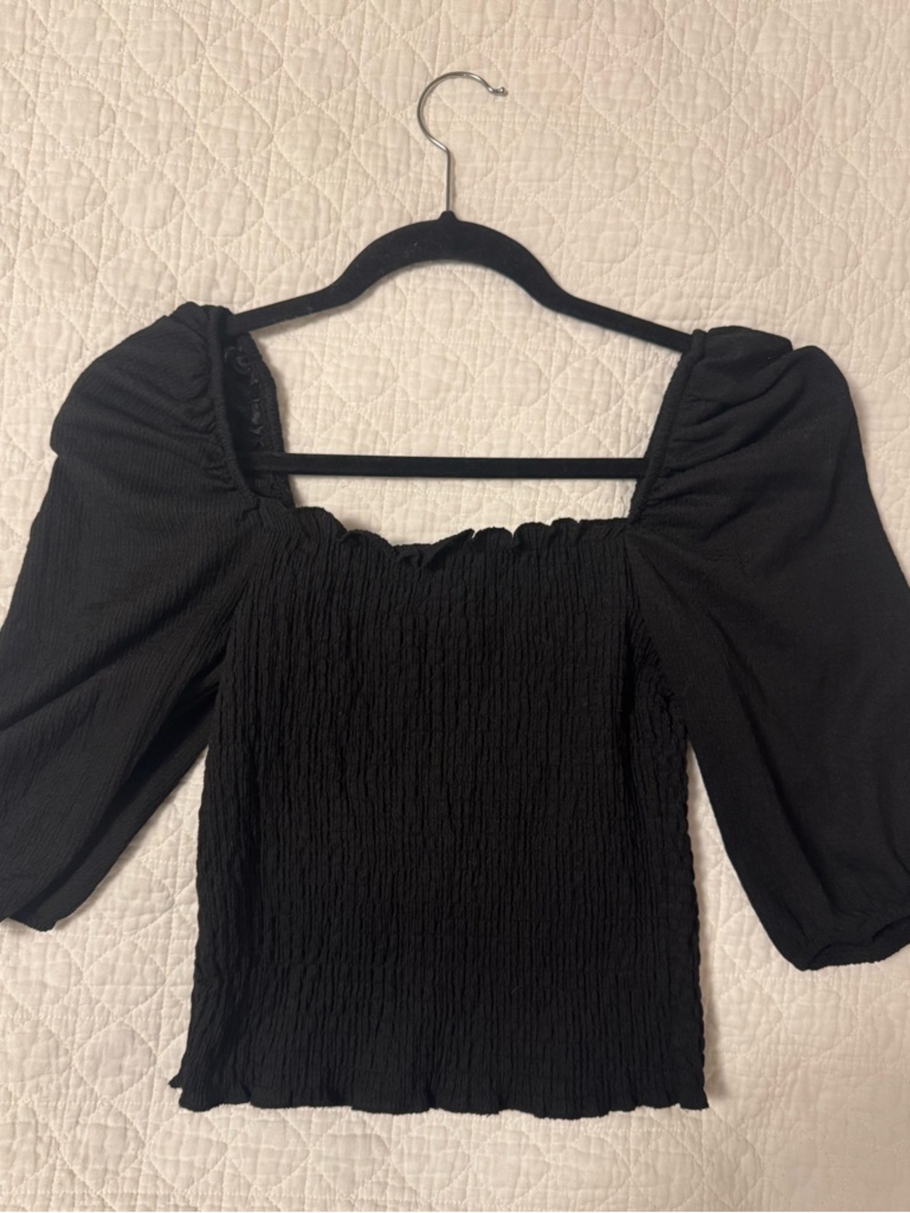 H&M Black Smocked Square-Neck Puff Sleeve Top